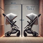 Comparativa visual de los coches gemelares más estrechos del mercado, mostrando el Mountain Buggy Duet (63 cm) y el Niu Vent Twin 2 (66 cm) en un entorno urbano. Ambos modelos destacan por su diseño compacto ideal para espacios reducidos