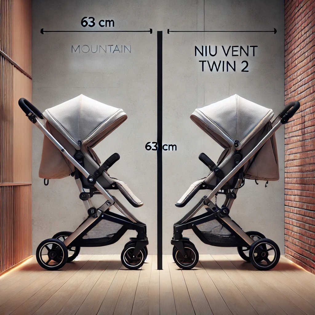Comparativa visual de los coches gemelares más estrechos del mercado, mostrando el Mountain Buggy Duet (63 cm) y el Niu Vent Twin 2 (66 cm) en un entorno urbano. Ambos modelos destacan por su diseño compacto ideal para espacios reducidos