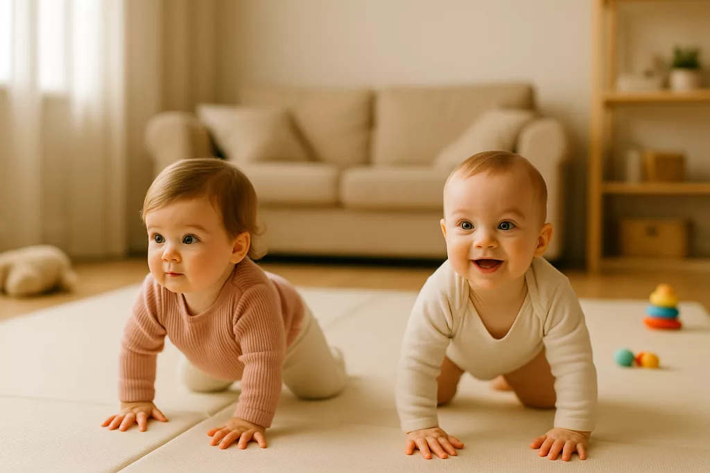 Gemelos gateando en una alfombra acolchada en el salón de casa, explorando con alegría y seguridad.
